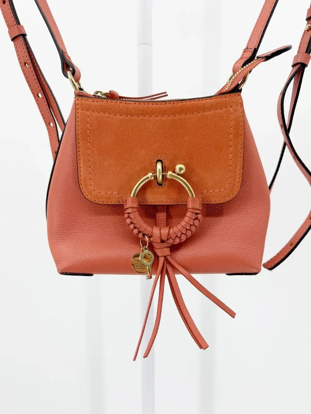 See by Chloe Joan Mini Tan Caramel Leather Suede Braided Ring Backpack Purse